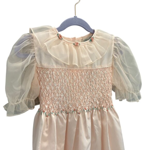 Polly Flinders Pink Smocked Dress With Sheer Puff Sleeves & Floral Accents 6X - Picture 2 of 11